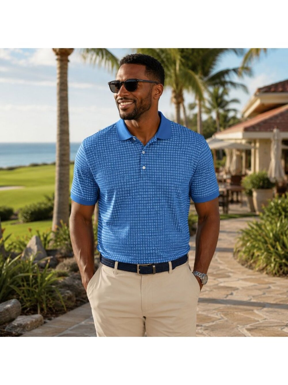 Alan Flusser Polo Shirt Mens Large Blue Geometric Mercerized Cotton Golf Casual